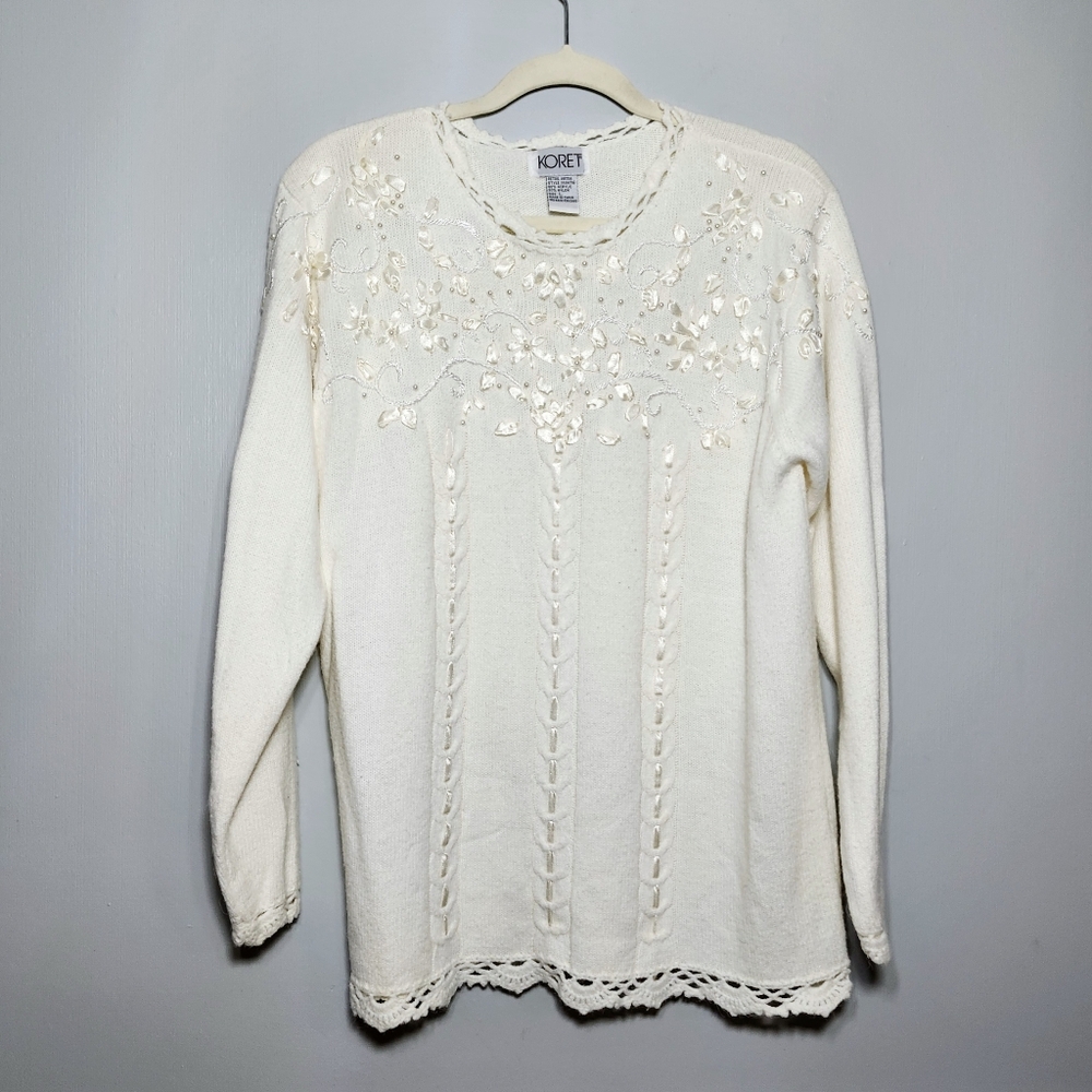 Vintage Comfy Cute Lace Embroidered with peaks knit Chunky Sweater